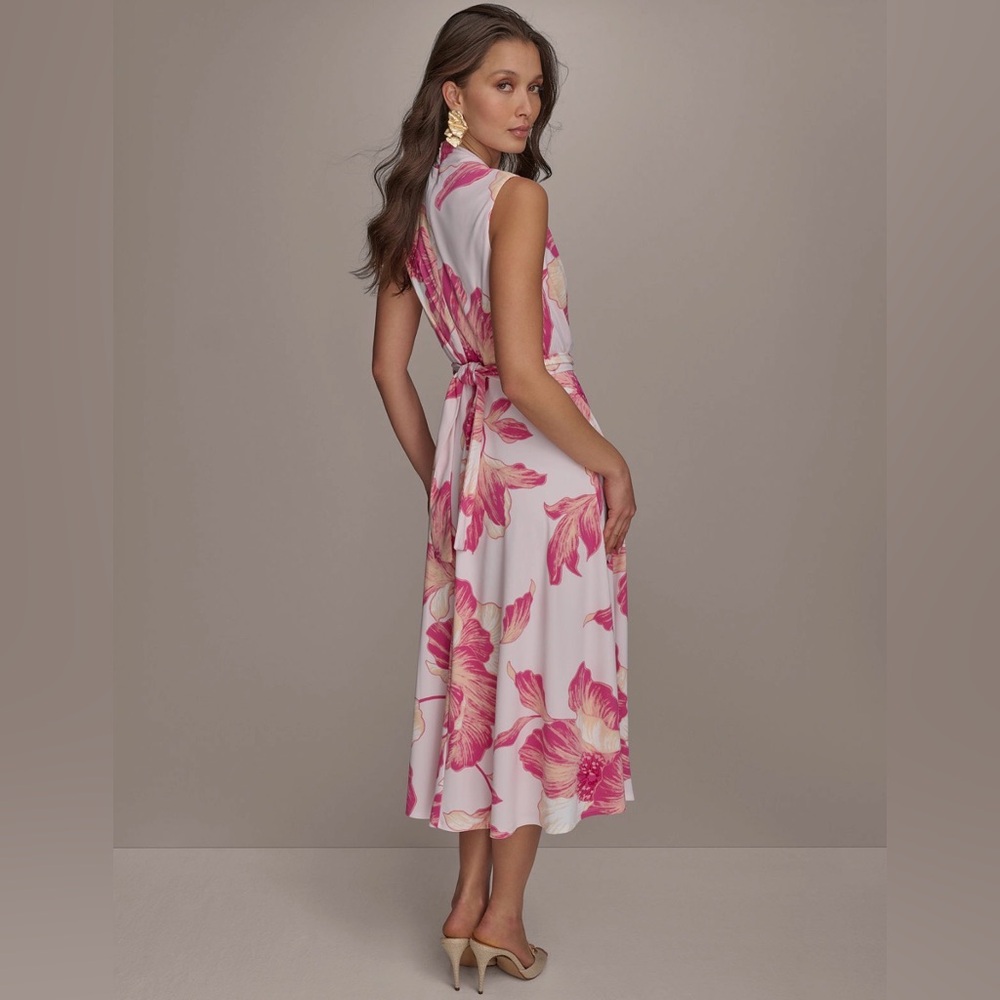 NWT Donna Karan Floral A-Line Midi Dress. Size 12. Misty Rose Pink - Picture 2 of 10